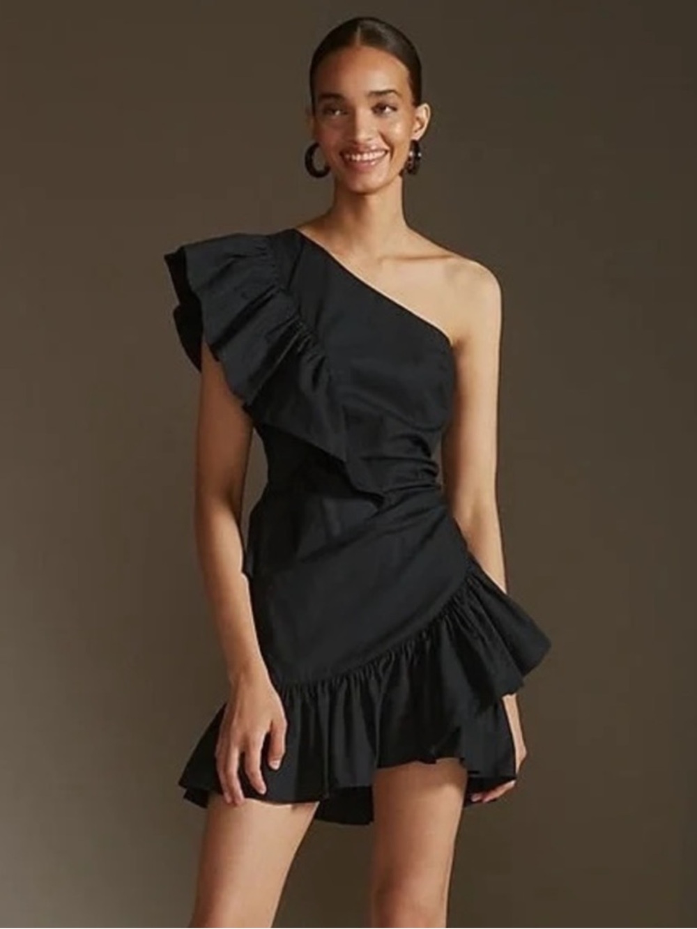 Anthropology Maeve One-Shoulder Ruffle Mini Dress - Black